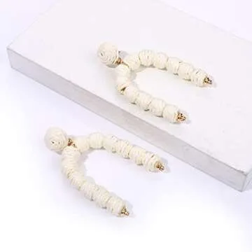 NLCAC Rattan Earrings Boho Handmade Raffia Rattan Ball Arch Dangle Earrings Summer Tropical Beach Jewelry Earrings for Women (Beige)