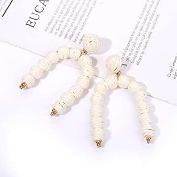 NLCAC Rattan Earrings Boho Handmade Raffia Rattan Ball Arch Dangle Earrings Summer Tropical Beach Jewelry Earrings for Women (Beige)