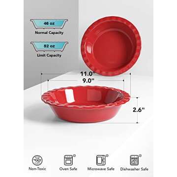 LE TAUCI Ceramic Pie Pans for Baking, 9 Inches Pie Plate for Apple Pie, Pecan Pie, 52 Ounce Deep Pie Dish, Set of 2, Red