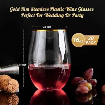 FOCUSLINE 20pcs 16 Oz Plastic Wine Glasses, Stemless Gold Rim, Heavy Duty Disposable Drinking Cups, ...