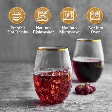 FOCUSLINE 20pcs 16 Oz Plastic Wine Glasses, Stemless Gold Rim, Heavy Duty Disposable Drinking Cups, Reusable Shatterproof for Party & Wedding