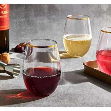 FOCUSLINE 20pcs 16 Oz Plastic Wine Glasses, Stemless Gold Rim, Heavy Duty Disposable Drinking Cups, Reusable Shatterproof for Party & Wedding