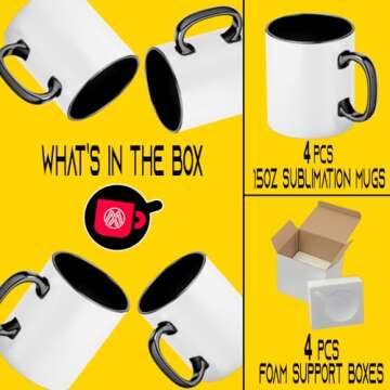 TWISTED ENVY Box of 4 15 oz. Ceramic Sublimation Mugs - Inner/Handle - BLACK - Cardboard Box with Foam Supports