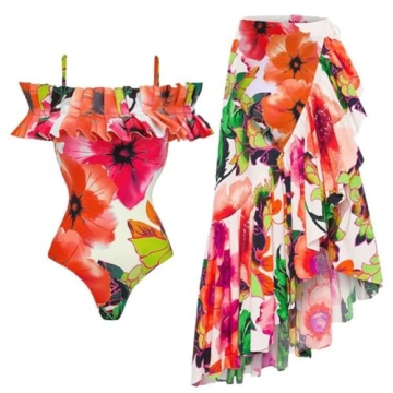 Stylish Vintage Swimsuit Set with Cover Up Skirt