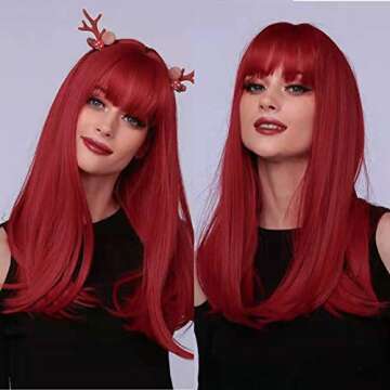 Jevon Long Red Wigs with Full Bangs Synthetic Straight Hair Replacement Wigs for Women Red Wigs for ...