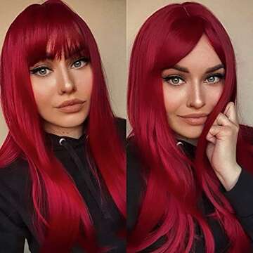 Jevon Long Red Wigs with Full Bangs Synthetic Straight Hair Replacement Wigs for Women Red Wigs for Party Cosplay 20 inches