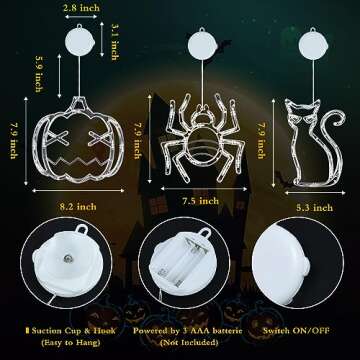 Halloween Lights Window Decorations 3 Pack Orange Pumpkin Purple Spider Green Cat Battery Operated H...
