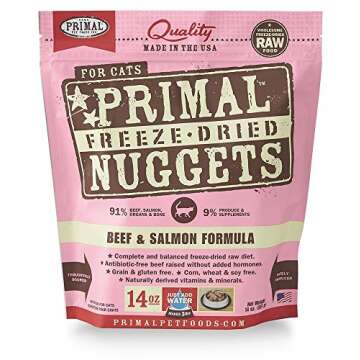 Primal Pet Food - Freeze Dried Cat Food Nuggets for Feline 14-Ounce Bag Bundle with Hotspot Pet Food Bowl - Made in USA (Beef & Salmon)