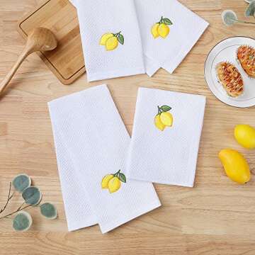 Homaxy 100% Cotton Waffle Weave Lemon Embroidery Kitchen Dish Towels, Ultra Soft Absorbent Quick Drying Cleaning Towel, 13 x 28 Inches, 4-Pack