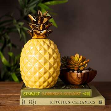 Gift Boutique 9â€ Elegant Ceramic Pineapple Centerpiece Decor Yellow with Gold Metallic Crown Figurine Modern Coffee Desk Table Room Kitchen Home Decorative Accessories