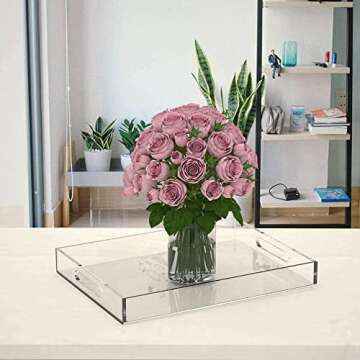 NIUBEE Acrylic Serving Tray 14x18 Inches -Spill Proof- Clear Decorative Tray Organiser for Ottoman Coffee Table Countertop with Handles