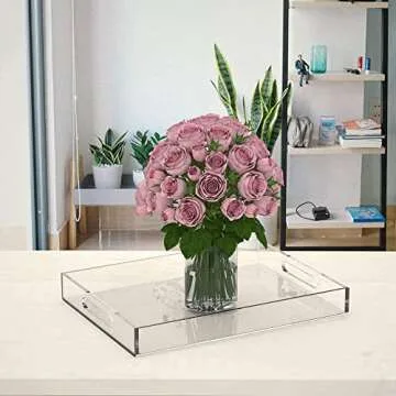 NIUBEE Acrylic Serving Tray 14x18 Inches -Spill Proof- Clear Decorative Tray Organiser for Ottoman Coffee Table Countertop with Handles