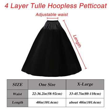 Petticoats for Women Hoopless Petticoat Crinoline Underskirt Skirt 4 Layers Floor Length Ball Gown Slips for Wedding Dress