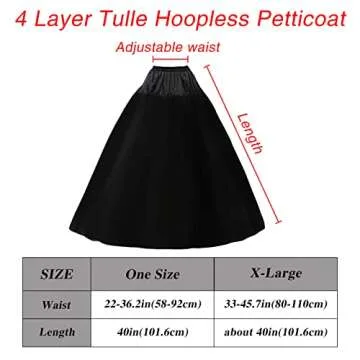 Petticoats for Women Hoopless Petticoat Crinoline Underskirt Skirt 4 Layers Floor Length Ball Gown Slips for Wedding Dress