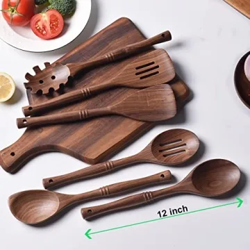 Gudamaye 12 inch Black walnut Wooden Utensils for Cooking, Long Handle Wooden Spoons for Cooking, 6 PCES Crafting Wooden Spoon Set, Wooden Kitchen Utensil set, Natural Black walnut Wooden utensil Set