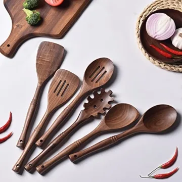 Gudamaye 12 inch Black walnut Wooden Utensils for Cooking, Long Handle Wooden Spoons for Cooking, 6 PCES Crafting Wooden Spoon Set, Wooden Kitchen Utensil set, Natural Black walnut Wooden utensil Set