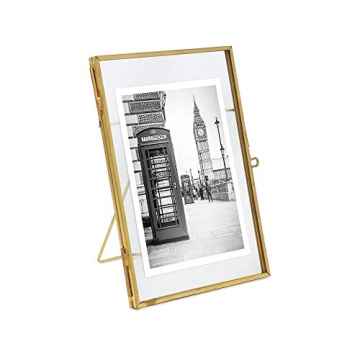 Isaac Jacobs 4x6, Antique Gold, Vintage Style Brass and Glass, Metal Floating Picture Frame (Vertica...
