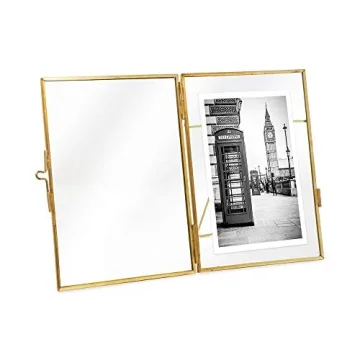 Isaac Jacobs 4x6, Antique Gold, Vintage Style Brass and Glass, Metal Floating Picture Frame (Vertical) with Locket Closure, for Photos, Art, & More, Tabletop Display (4x6 Antique Gold)