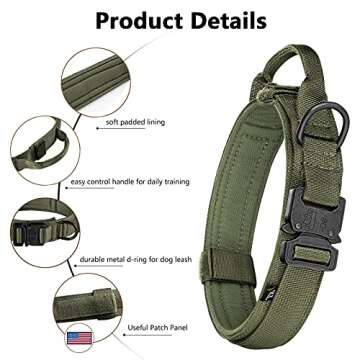 DAGANXI Tactical Dog Collar, Adjustable Military Training Nylon Dog Collar with Control Handle and Heavy Metal Buckle for Medium and Large Dogs, with Patches and Airtags Case (XL, Green-Set)
