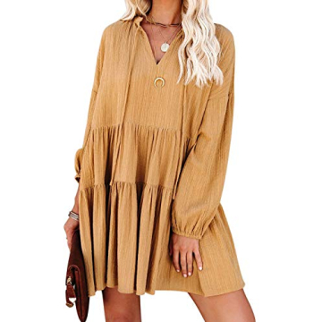 R.Vivimos Women's Fall Casual Loose V-Neck Mini Dress - Yellow