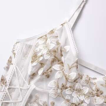 Lilosy Women Sexy Lace Up Floral Embroidered Teddy Babydoll Lingerie Bodysuit Top Mesh Sheer One Pie...