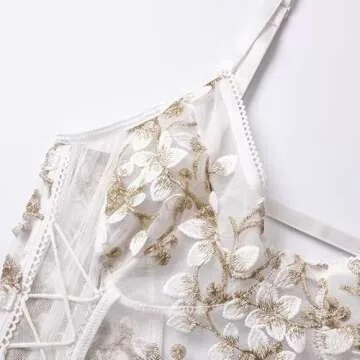 Lilosy Women Sexy Lace Up Floral Embroidered Teddy Babydoll Lingerie Bodysuit Top Mesh Sheer One Pie...