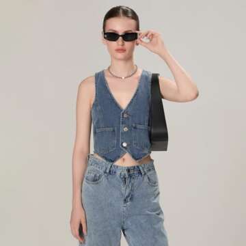 Miqil Women Y2K Button Down Denim Vest Sexy Sleeveless Denim Crop Top Low Cut Strapless Jean Corset Bustier Streetwear