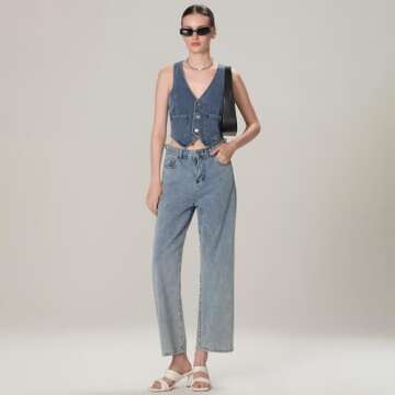 Miqil Women Y2K Button Down Denim Vest Sexy Sleeveless Denim Crop Top Low Cut Strapless Jean Corset Bustier Streetwear