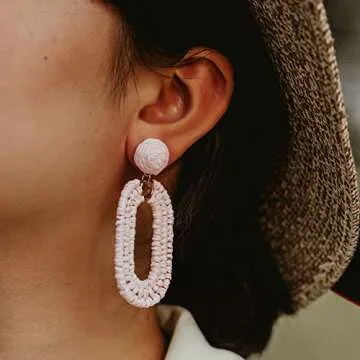 Statement Raffia Earrings Boho Dangle Drop Earrings Cute Handmade Fashion Earring Summer Beach Jewelry for Women(Pink Square Braid)