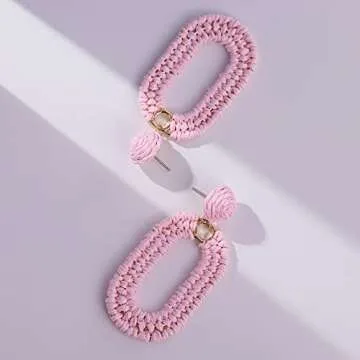 Statement Raffia Earrings Boho Dangle Drop Earrings Cute Handmade Fashion Earring Summer Beach Jewelry for Women(Pink Square Braid)