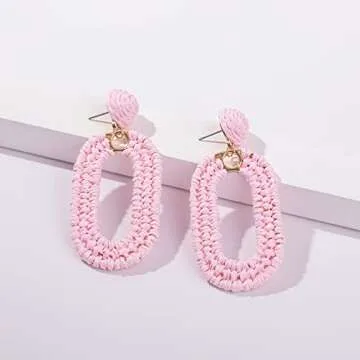 Statement Raffia Earrings Boho Dangle Drop Earrings Cute Handmade Fashion Earring Summer Beach Jewelry for Women(Pink Square Braid)