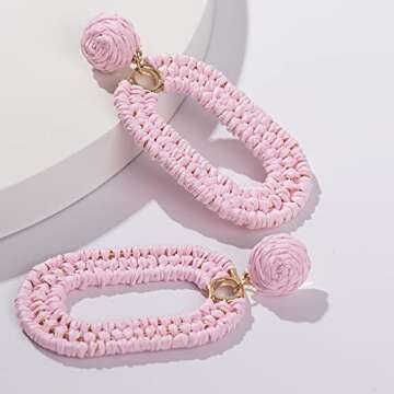 Statement Raffia Earrings Boho Dangle Drop Earrings Cute Handmade Fashion Earring Summer Beach Jewelry for Women(Pink Square Braid)