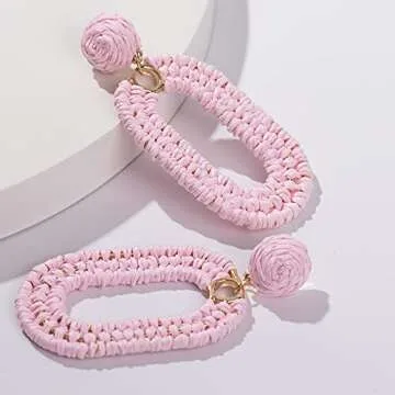 Statement Raffia Earrings Boho Dangle Drop Earrings Cute Handmade Fashion Earring Summer Beach Jewelry for Women(Pink Square Braid)