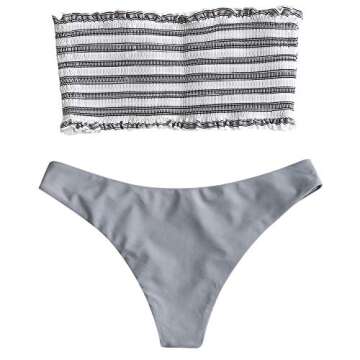 ZAFUL Women's Strapless Striped Frilled Smocked Two Piece Bandeau Bikini Set (Gray, L)