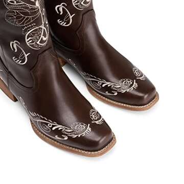 DREAM PAIRS Women's Cowboy Boots Mid Calf Cowgirl Boots Embroidery Stitched Square Toe Western Boots,Size 7.5,Dark brown,SDMB2220W