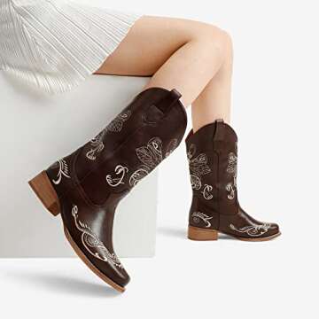 DREAM PAIRS Women's Cowboy Boots Mid Calf Cowgirl Boots Embroidery Stitched Square Toe Western Boots,Size 7.5,Dark brown,SDMB2220W