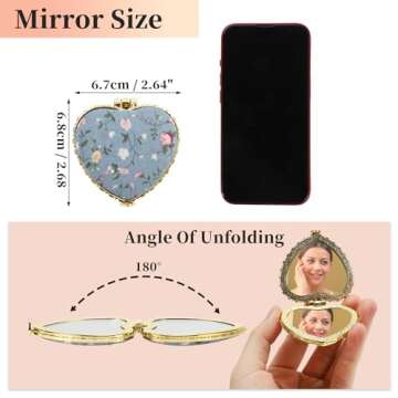 VOCOSTE Compact Mirror for Purses, Flower Pocket Mirror, Heart Shape Mini Mirror, Floral Small Mirro...