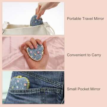 VOCOSTE Compact Mirror for Purses, Flower Pocket Mirror, Heart Shape Mini Mirror, Floral Small Mirror for Purse, Folding Mirror Compact Travel Portable Pocket Mirror for Women, Blue