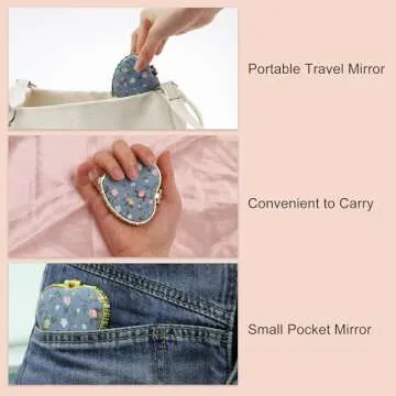 VOCOSTE Compact Mirror for Purses, Flower Pocket Mirror, Heart Shape Mini Mirror, Floral Small Mirror for Purse, Folding Mirror Compact Travel Portable Pocket Mirror for Women, Blue