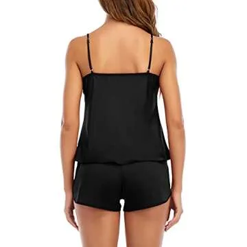 Womens Satin Pajamas Sexy Sleepwear Silk Lingerie Cami Shorts Set 2 Piece Nightwear Homewear Black Small
