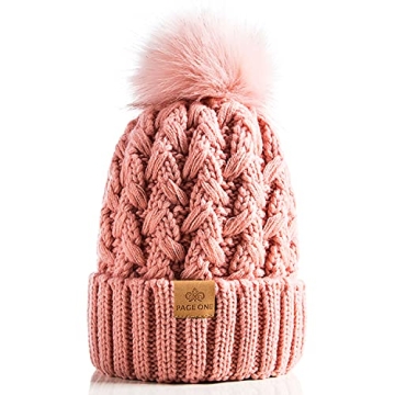 PAGE ONE Stylish Women's Chunky Cable Knit Beanie with Pom Pom - Warm & Cozy Rose Pink