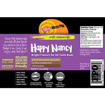 Dizzy Pig Happy Nancy Mild Seasoning Rub | Pepper & Chile-Free (8oz Shaker) - Seasons 30+lbs of Food - Hand Made in the USA - MSG Free, Gluten Free
