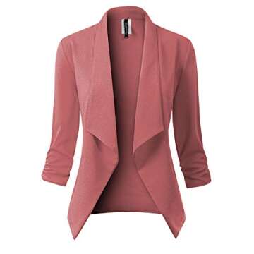 MixMatchy Women's [Made in USA] Classic 3/4 Gathered Sleeve Open Front Blazer Jacket (S-3XL) Dusty Pink M