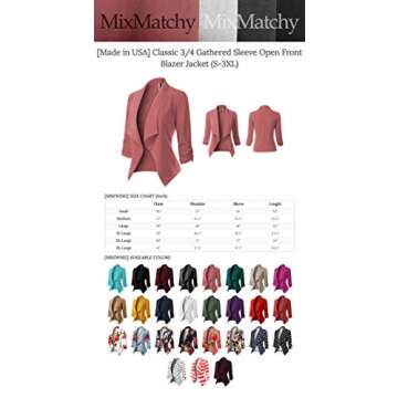 MixMatchy Women's [Made in USA] Classic 3/4 Gathered Sleeve Open Front Blazer Jacket (S-3XL) Dusty Pink M