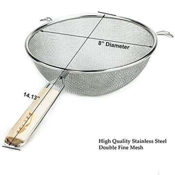 Huji 8-Inch Stainless Steel Double Mesh Food Strainer Colander - Fine Sieve Sifter with Wooden Handl...