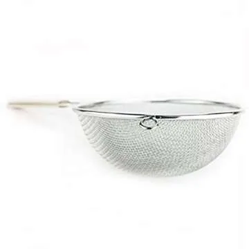 Huji 8-Inch Stainless Steel Double Mesh Food Strainer Colander - Fine Sieve Sifter with Wooden Handle for Kitchen Cooking, Pasta, Rice, Noodles, and More
