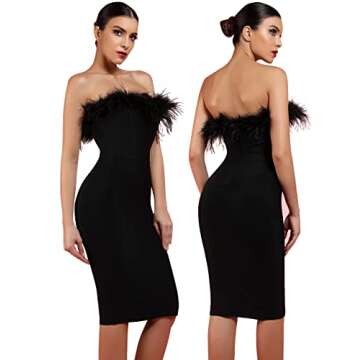 whoinshop Women's Sexy Off Shoulder Feather Bandage Evening Club Party Dress Black-Upgrade1 M