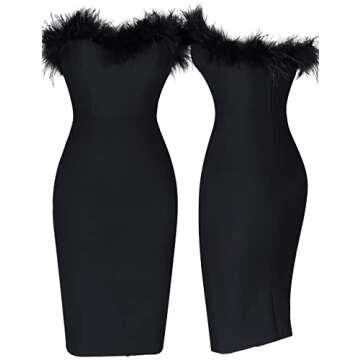 whoinshop Women's Sexy Off Shoulder Feather Bandage Evening Club Party Dress Black-Upgrade1 M
