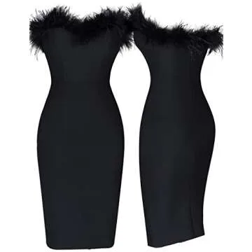 whoinshop Women's Sexy Off Shoulder Feather Bandage Evening Club Party Dress Black-Upgrade1 M