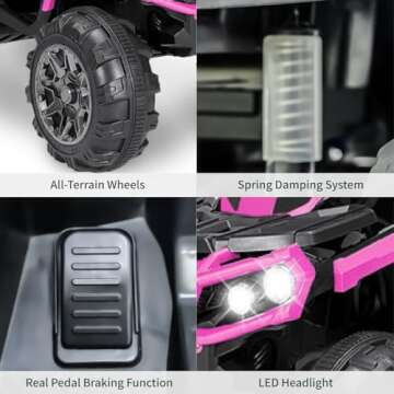 24V Ride-On Toys 4-Wheeler Quad Car Toy for Kids with Bluetooth, Ride on ATV, 6.5mph Top Speed, Treaded Tires, LED Headlights-Pink (Pink)